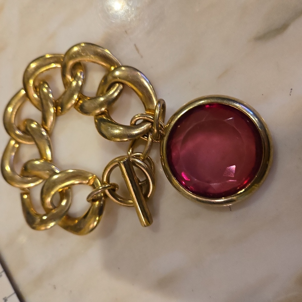 Chunky Gold Tone 7 Link Faux Pink Gem Bracelet 7 3/4"